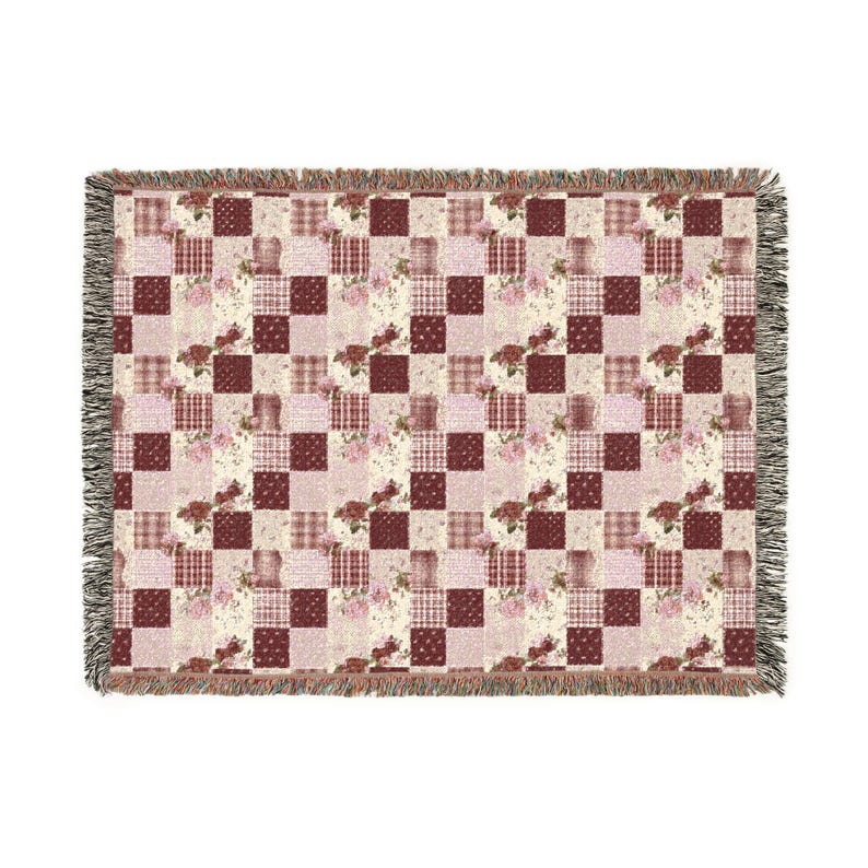 Spring Woven Cotton Patchwork Blanket, Vintage Floral Cottage Throw, Cozy Heirloom Gift for Grandma image 8