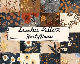 Herbst Patchwork Quilt Nahtloses Muster Boho Cottage Kern Blumenstoff PNG, digitaler Download Muster Druck, kommerzielle Nutzung