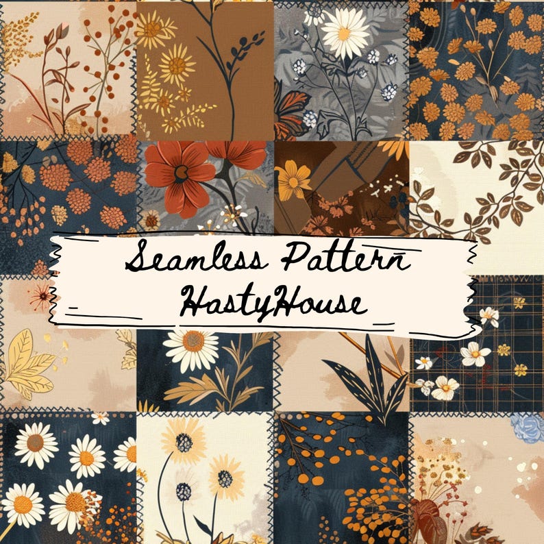 May include: A patchwork design featuring floral patterns in shades of brown, navy, and beige. The design includes daisies, sunflowers, and other botanical elements. The text "Seamless Pattern HastyHouse" is displayed on a banner.