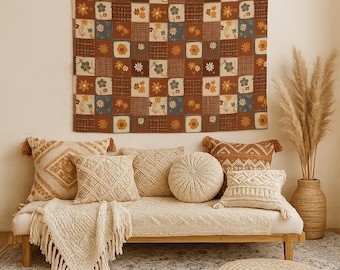 Tapisserie murale florale en patchwork bohème, tenture murale de la ferme Cottagecore, art de courtepointe rustique automne, décoration florale rétro pour la maison