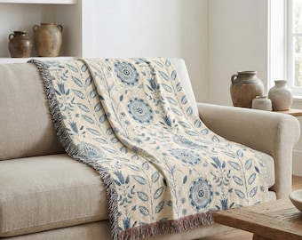 Floral Woven Cotton Throw Blanket with Fringe, Heirloom Cottage Style Sofa or Bed Throw