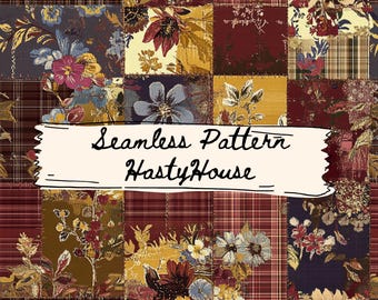 Thanksgiving Fall Plaid Wildflower Patchwork Seamless Pattern File | Rustic Autumn Digital Paper | Commercial Use JPG | Fabric, POD, Crafts