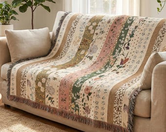 Coperta vintage in cotone intrecciato con motivo floreale, decorazione per la casa in stile cottagecore, coperta a righe trapuntata, camera da letto boho, regalo per l'inaugurazione della casa