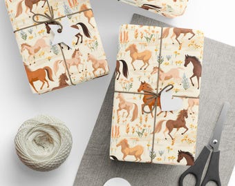 Rustic Horse Wrapping Paper, Galloping Horses & Boho Wildflowers Gift Wrap, Equestrian Birthday, Farm Girl, Western Horse Lover Packaging