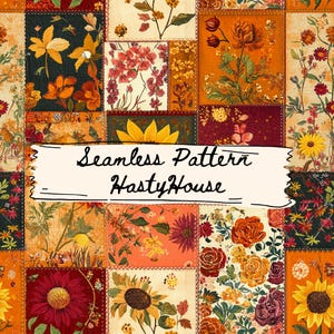 Op de afbeelding: Een patchwork-ontwerp met bloempatronen in oranje, rood, geel en groen. Het ontwerp bevat zonnebloemen, rozen en andere bloemen. De tekst "Seamless Pattern HastyHouse" wordt op een banner weergegeven.