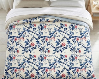Toile de Jouy Leichte Samtdecke, Chinoiserie Blue & White Bird Floral | Französisch Land, Küsten Großmutter