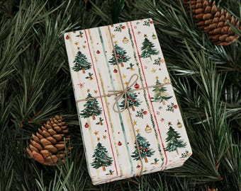 Rollo de papel de regalo con diseño de árbol de Navidad, papel de regalo navideño vintage, papel con diseño de pino y adornos en acuarela, papel de regalo navideño rústico estilo cottagecore