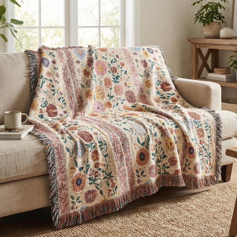 May include: A beige floral throw blanket with a fringed edge is draped over a sofa. The blanket features a repeating pattern of colorful flowers in shades of pink, yellow, and orange. The sofa is a neutral color, and a mug sits on the arm.