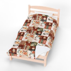 Printed Patchwork Velveteen Blanket, Lightweight Cottagecore Throw, Cozy Gift for Mom, Grandma Gift, Soft Farmhouse Decor image 7