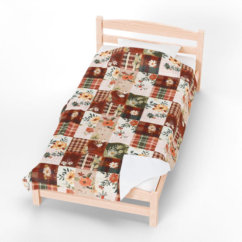 Printed Patchwork Velveteen Blanket, Lightweight Cottagecore Throw, Cozy Gift for Mom, Grandma Gift, Soft Farmhouse Decor image 7
