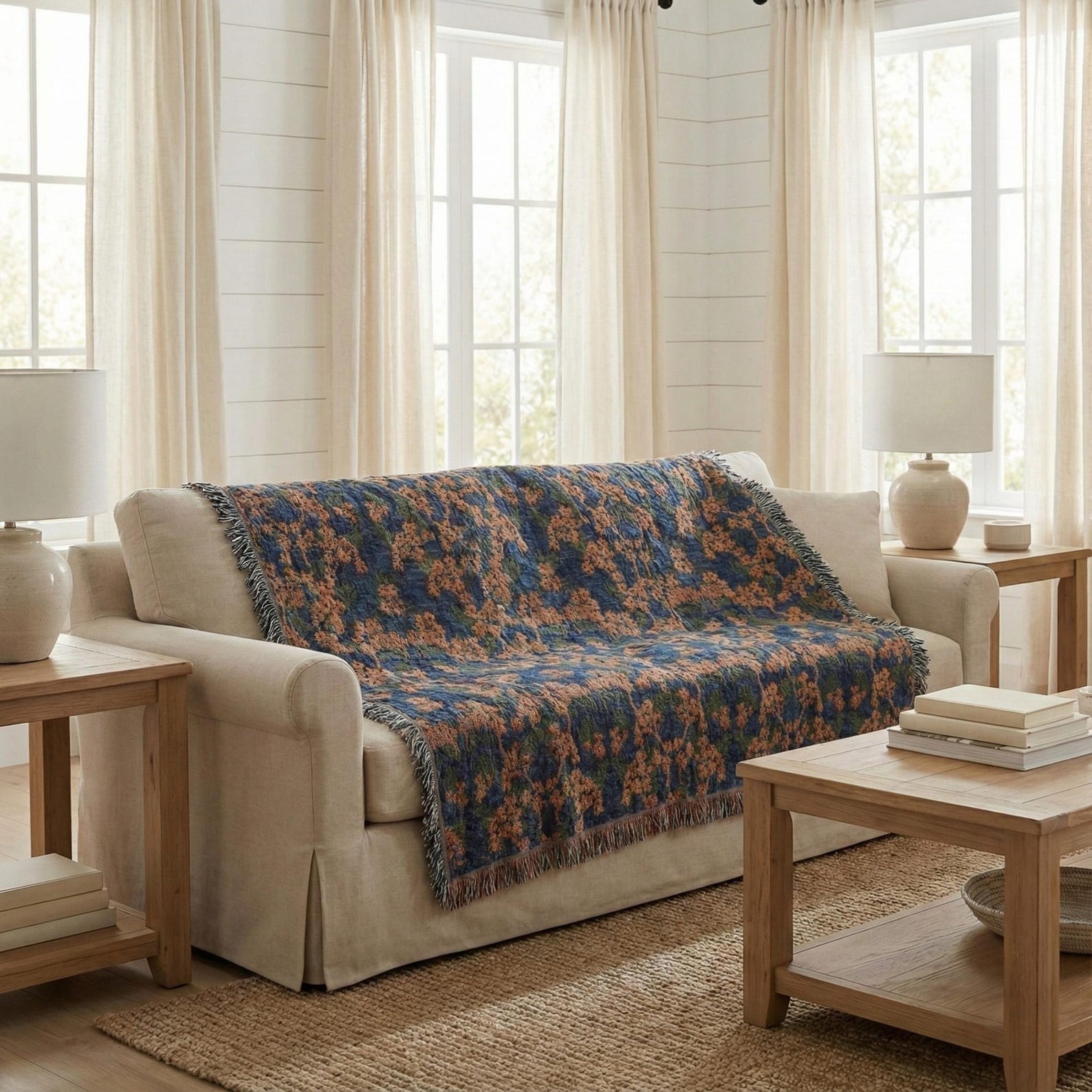 Moody Floral Woven Throw Blanket, William Morris Inspired Cottagecore Home Decor Cottage, Botanical Decor | Housewarming or Wedding Gift - 80" × 60"