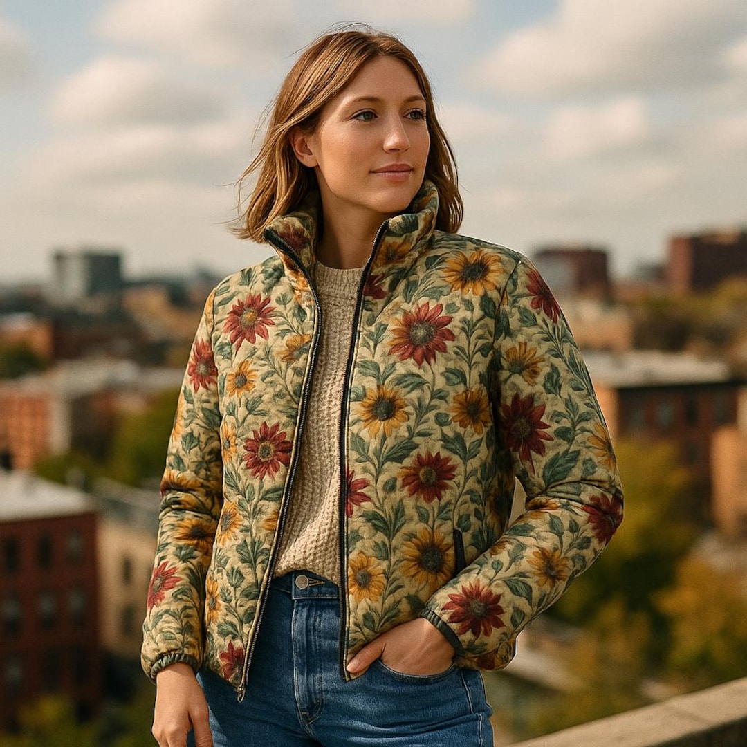 Sunflower Garden Print Puffer Jacket | Cozy Fall Quilted Coat