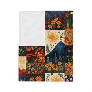 Manta de terciopelo ligera con estampado de montaña bohemia y patchwork, tapiz de bosque estilo cottagecore, decoración del hogar, regalo para actividades al aire libre. imagen 10