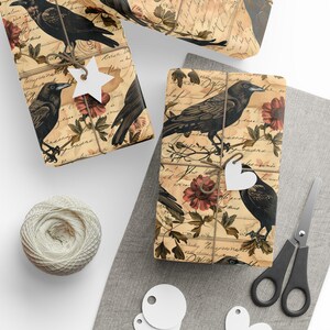 Vintage Crow Wrapping Paper Roll, Gothic Dark Academia Gift Wrap, Raven Ephemera, Poe Inspired, Halloween & Nature Lover Gift Packaging image 2