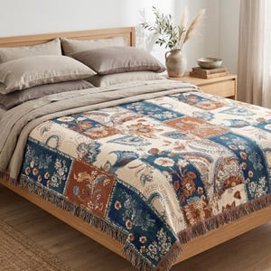 Couverture tissée patchwork bohème, jeté en jacquard de coton, cadeau de pendaison de crémaillère, décoration cottagecore neutre, jeté floral vintage