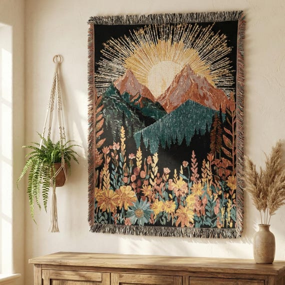 Sunrise Mountain Woven Wall Tapestry, Boho Nature Textile Art, Floral Landscape Heirloom Decor, Cottagecore & Modern Rustic Wall Hanging