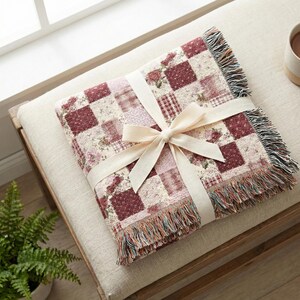 Spring Woven Cotton Patchwork Blanket, Vintage Floral Cottage Throw, Cozy Heirloom Gift for Grandma image 3