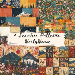 Op de afbeelding: Een patchwork-ontwerp met vier naadloze patronen. Elk patroon toont een andere door de natuur geïnspireerde scène, waaronder bergen, bossen en bloemstukken. De tekst "4 Seamless Patterns HastyHouse" wordt weergegeven op een crème banner.