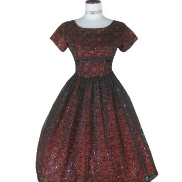 Reserved for EileenVintage 50s Red Black NOVELTY EYEBALLS Flocked Party Dress W25