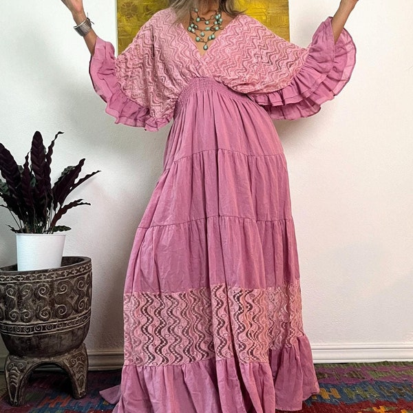 Boho Lace Trim Cotton Maxi Dress/Kaftan Wedding Dress/ Boho Wedding Dress/Ruffle Maxi Dress/Maternity for Photoshoot Cotton Lace trim dress.