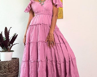 Vestido largo bohemio con volantes, vestido de novia de algodón color crema, vestido largo rosa de maternidad para sesión de fotos, vestido de novia para playa, vestido largo rosa con cuello en V.