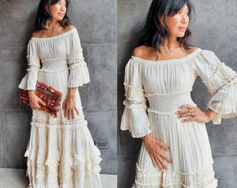 Boho Off Shoulder Dress,Boho Ruffled Maxi Dress,Layered  maxi dress,Boho Wedding Dress,Engagement Dress, Maternity photoshoot Maxi dress