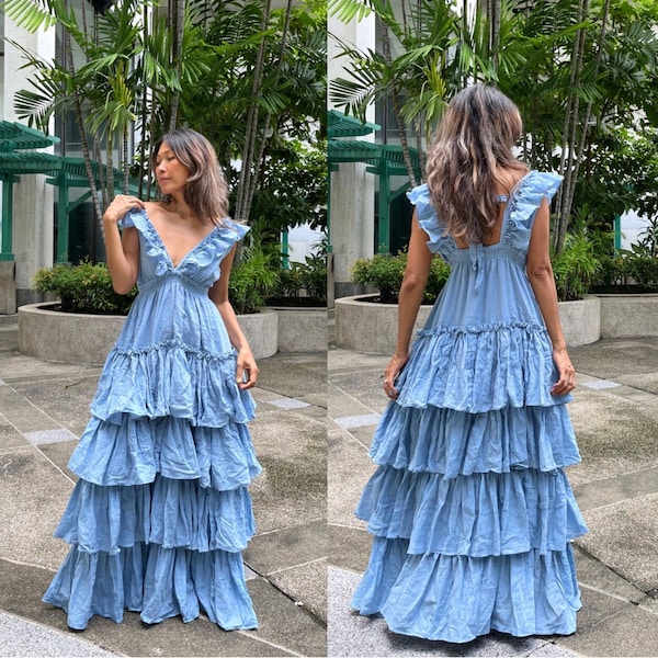 Vestido de novia boho con volantes, vestido maxi azul, vestido maxi de capa boho, vestido de capa gitana, vestido de novia con cuello en V profundo, vestido de maternidad para sesión de fotos.