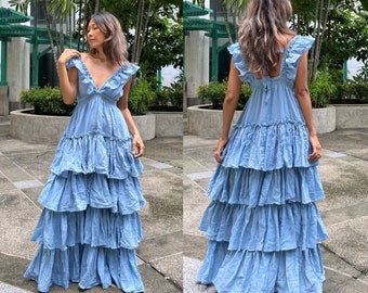 Boho Ruffle Wedding Dress,Blue maxi dress,Boho Layer Maxi Dress,Gypsy Layer Dress,Deep V Neck Wedding Dress,Maternity for Photoshoot dress.