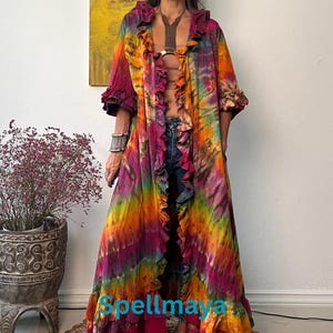 Cárdigan estilo kimono con teñido anudado a mano estilo bohemio, cárdigan con volantes de algodón y jersey con teñido anudado estilo hippie para festivales, para playa, cárdigan con teñido anudado de talla grande.