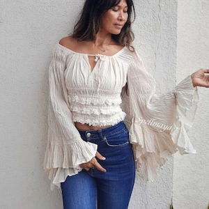 Boho Wide Sleeve Blouse,Off Shoulder cotton blouse,Gypsy cotton blouse,Off white cotton blouse,White cotton Top,Festival Angel sleeve blouse