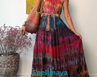Boho tied tie dye maxi dress,Maternity tie dye dress, festival tie dye dress,Beach tie dye dress,Hippie tie dye dress,Rayon Tie dye dress.