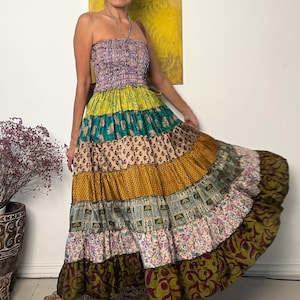 Boho Silk Sari 7 tiered Smocked Skirt,Gypsy Belly Dance Long Floaty Skirt,Festival Silk Floaty Ruffle Dress,Hippie Flora Maxi silk Skirt