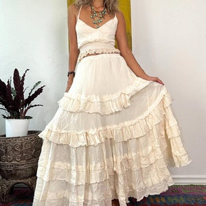 Boho  Ruffled Set Crop and Skirt,Boho wide sleeve blouse and Ruffled maxi skirt set,Summer cotton set in skirt,Boho Outfit for Photoshoots.