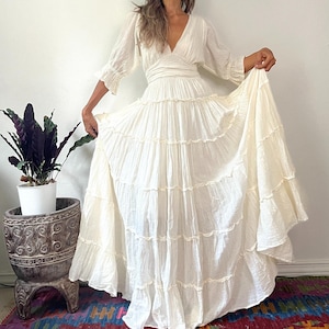 Boho  Cotton Cream Wedding Dress,Maternity Wedding Dress,Deep V neck maxi dress,Photoshoot Wedding Dress,Puffy Sleeve wedding dress