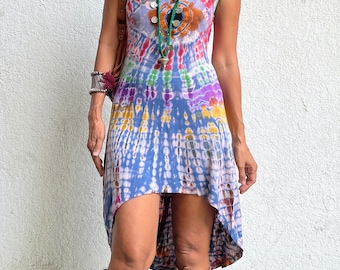 Boho Tie Dye High Low Dress: Sleeveless Hippie Festival Mini Dress