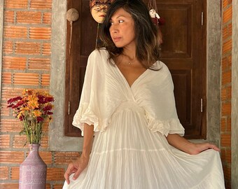 Boho Wedding dress,Maternity for Photoshoot Maxi dress,Cotton Bat Wing Sleeve Maxi dress,Beach Wedding Dress,Boho Ruffle Maxi dress