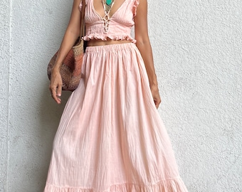 Conjunto boho de 2 piezas en falda, conjunto de top corto de algodón y falda maxi, conjunto de 2 piezas para sesión de fotos, top corto de algodón, conjunto de 2 piezas teñido anudado con volantes.