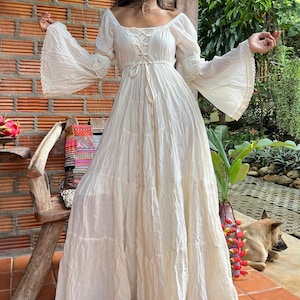 Handmade Smocked Boho Off shoulder Dress/Beach maxi dress/Bohemian White Wedding Dress/Romantic White maxi Dress/Wide sleeve Wedding Dress.