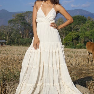 Sexy Backless Halter Maxi Dress,Summer Festival White Dress,Beach maxi dress, Resort wear, Boho Wedding Dress,Deep V-Neck lace up maxi dress