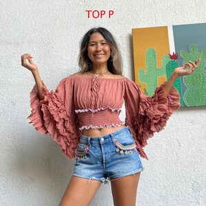 Bohemian 2 colors Ruffle Sleeve Blouse,Boho Off Shoulder Blouse,Gypsy Ruffle Top,Hippie Wide Sleeve Blouse,Cotton smocked blouse,Summer top.