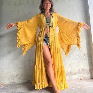 Boho Mustard Maxi Ruffled Duster Kimono,Boho Long Jacket,Festival Ruffled Kimono,Bikini Cover up,Maternity Kimono for photoshoot.