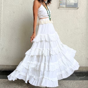 Boho maxi skirt,White Cotton Ruffle Maxi Skirt,