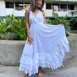 Boho Wedding Dress,Boho Ruffled Halter Dress,Beach Wedding dress,Ruffle High Low maxi  dress, Off white ruffled dress,Backless maxi dress.