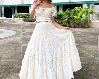 Ensemble jupe bohème bordée de dentelle/vêtements, jupe longue bordée de dentelle/jupe longue de plage/ensemble 2 pièces mariage bohème, séance photo de maternité dans une jupe