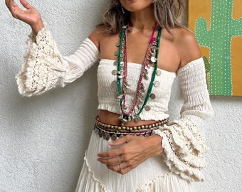Boho Smocked Cotton Cream crop top,Fringe Angel Sleeve top,Maxi Ruffled Green skirt,Off shoulder top,Option 2 piece set,Only top or skirt