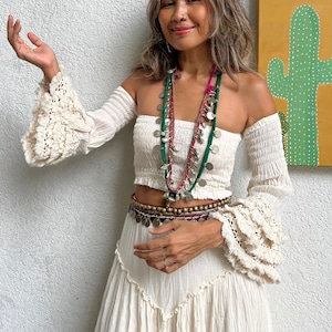 Boho Smocked Off white beige crop top,Boho Fringe Angel Sleeve Crop top,Green lace trim skirt,2 piece set top and skirt,Off Shoulder top.