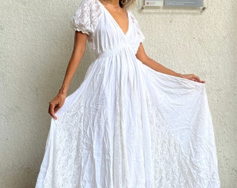 Boho Lace Trim Maxi Dress/Maternity For Photoshoot Dress/Off shoulder White Lace Trim Dress/ White Wedding/Beach Engagement White Dress.