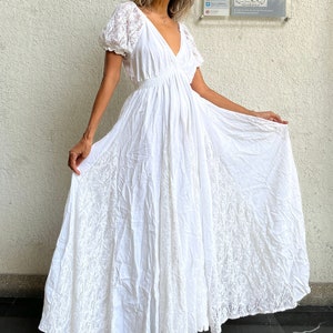 Boho Lace Trim Maxi Dress/Maternity For Photoshoot Dress/Off shoulder White Lace Trim Dress/ White Wedding/Beach Engagement White Dress.