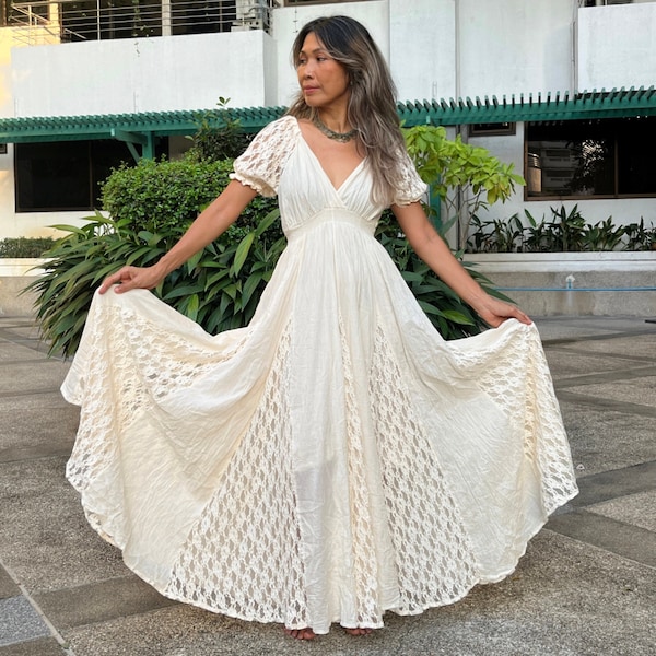 Vestido maxi con ribete de encaje boho/vestido de novia de maternidad/vestido maxi blanco con hombros descubiertos/vestido de maternidad para sesión de fotos, vestido de novia boho, círculo