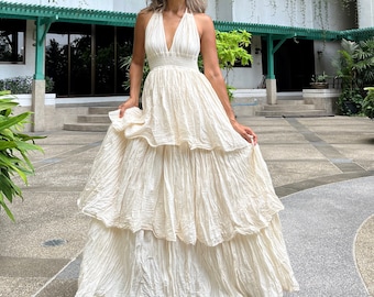 Vestido de novia bohemio/Vestido de novia con volantes y cuello halter/Vestido largo de compromiso para playa/Vestido de festival gitano/Vestido de resort/Vestido de vacaciones.